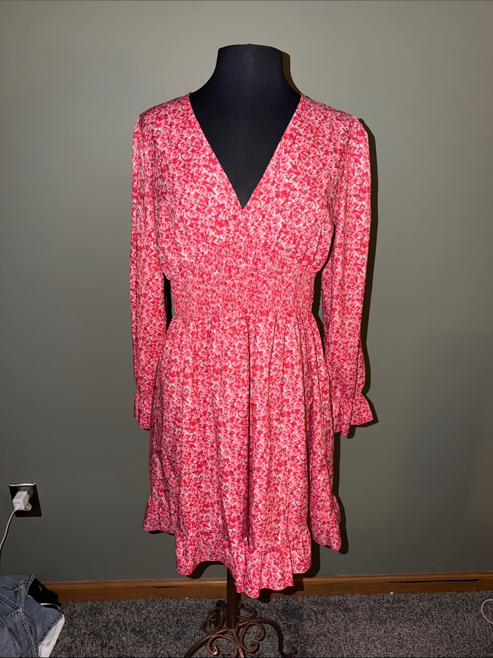 Women's orange and pink  Floral V-Neck Long Sleeve Dress